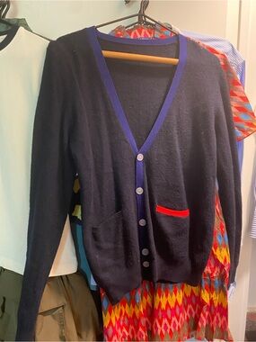 Band Of Outsiders Navy Cardigan with Royal Trim and Red Pocket Accent